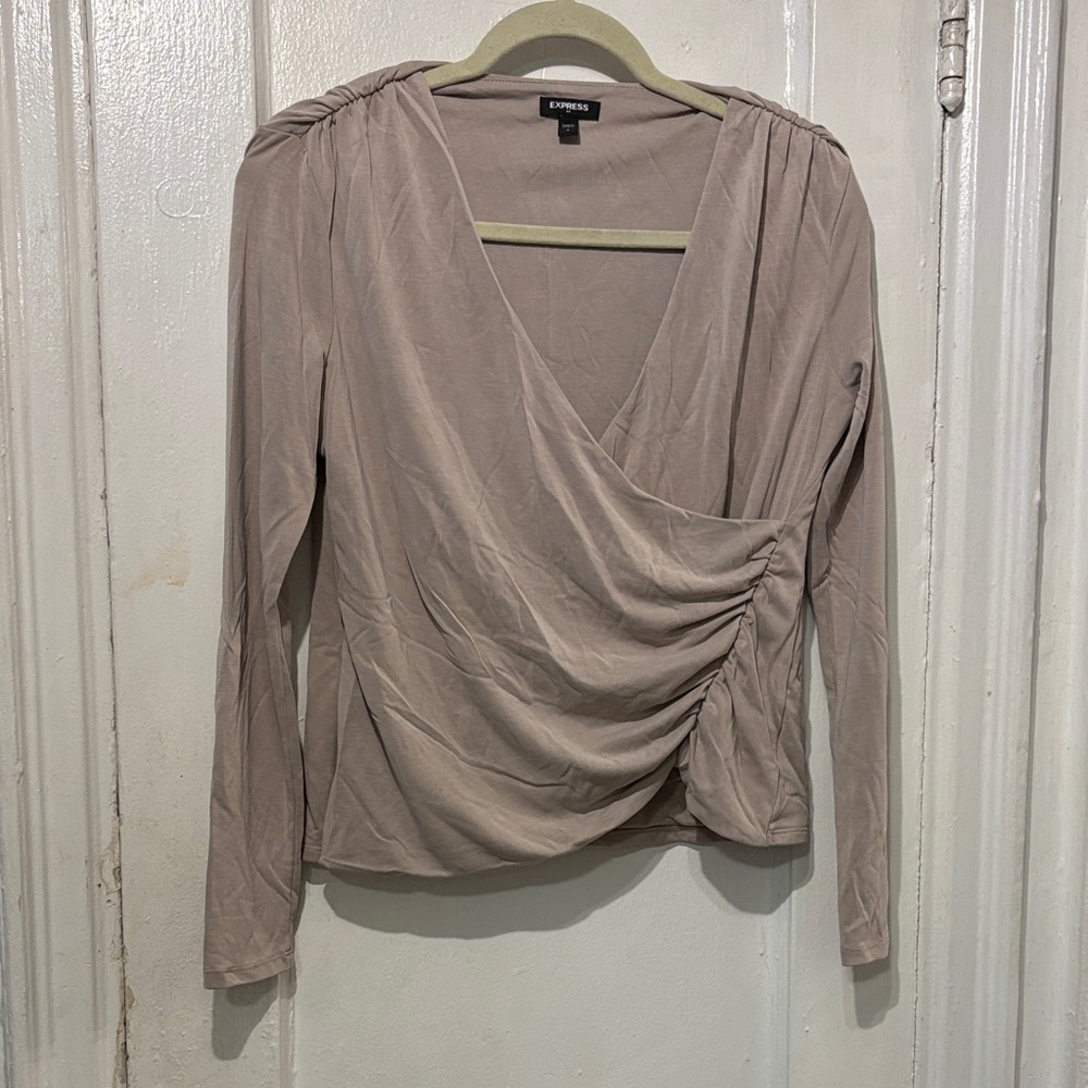 Express Blush Taupe Ruched Wrap Long Sleeve Blouse